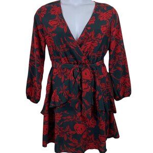 Huguest Sz Large Dress Floral Navy Blue Red Tie Waist V Neck Balloon Sleeves NEW